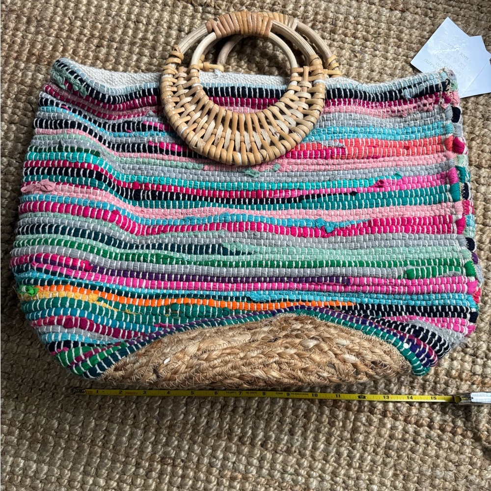 Woven Multicolor Tote Bag with Bamboo Handles